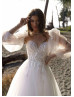 Strapless Beaded White Lace Tulle Wedding Dress With Removable Sleeves